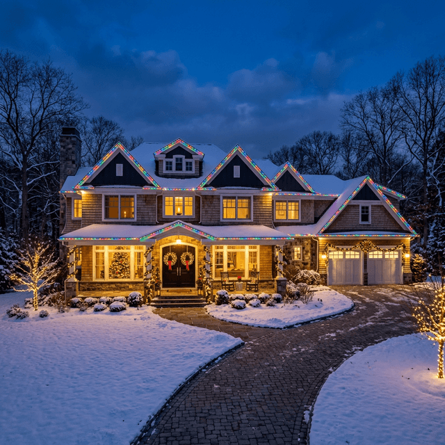 Holiday RGBW LED lighting display installed on a home in Kings Park, NY
