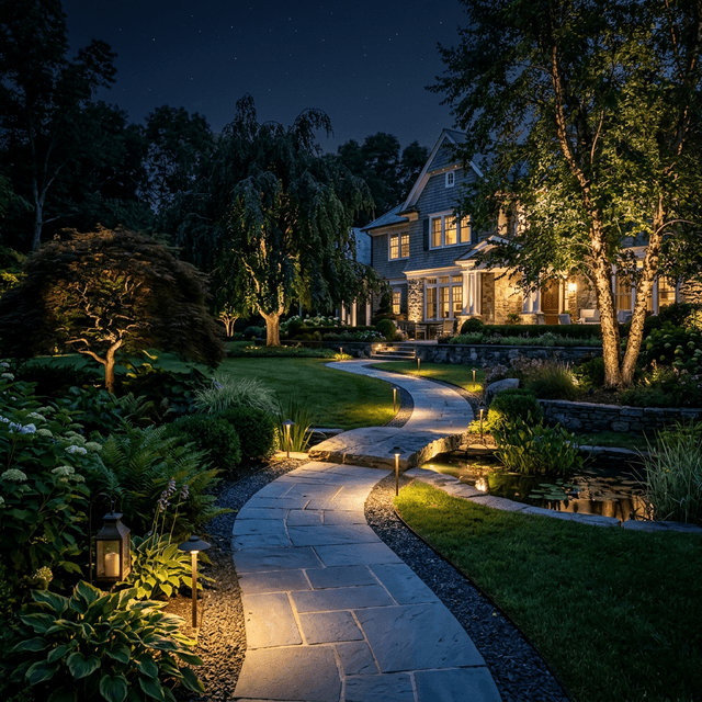 RGBW landscape LED lighting illuminating a garden in Huntington, NY