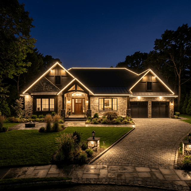 Warm white RGBW roofline LED lighting installed on a ranch-style home in Nesconset, NY