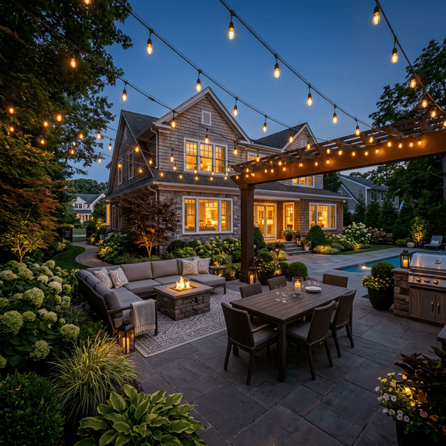 Permanent RGBW string lights installed on a backyard patio in Wantagh, NY