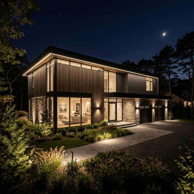 Year-round RGBW accent LED lighting installed on a property in Hauppauge, NY