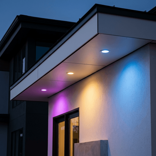 Recessed RGBW soffit high hat lighting installed under a covered porch overhang