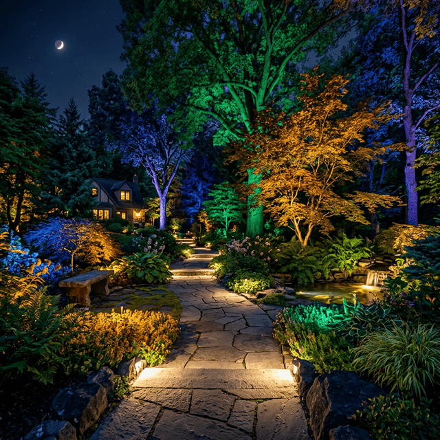 RGBW landscape LED lighting illuminating a garden and pathway
