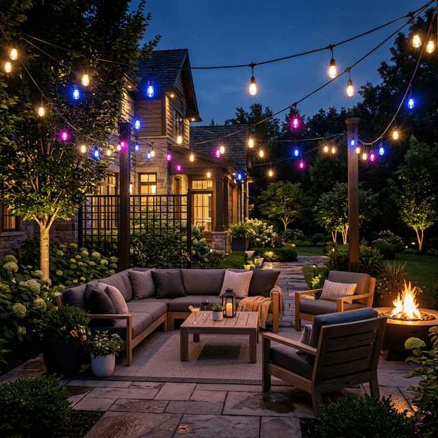 Permanent commercial-grade RGBW string lights installed over a backyard patio