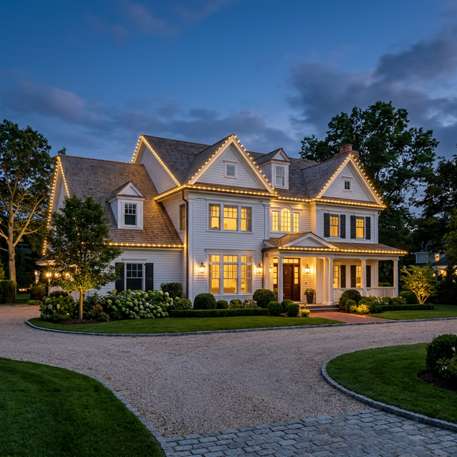 Roofline LED lighting on a colonial home in Smithtown, NY