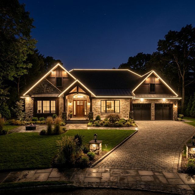 Warm white roofline lighting on a ranch home in Nesconset, NY