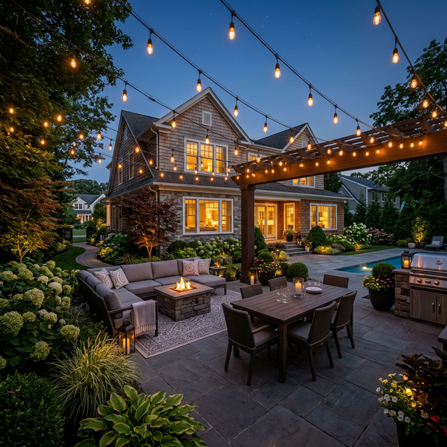 String lights on a backyard patio in Wantagh, NY