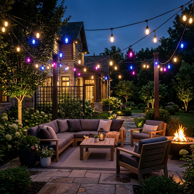 Festive RGBW String Lights on patio